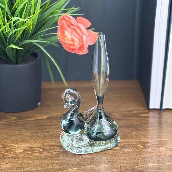 Vintage Glass Duck Bud Vase Clear Handblown Etched Glass Bird Figurine Vase - Picture 2 of 16